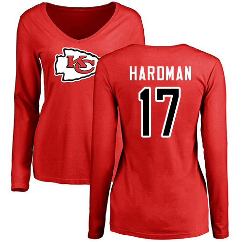 Women Football Kansas City Chiefs #17 Hardman Mecole Red Name and Number Logo Slim Fit Long Sleeve T-Shirt